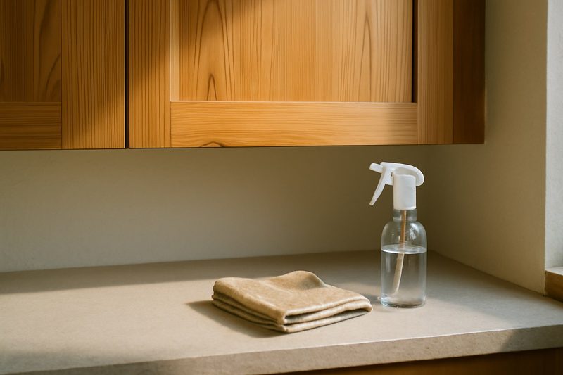 کابینت چوبی مدرن آشپزخانه با دستمال میکروفایبر و اسپری تمیزکننده روی کانتر