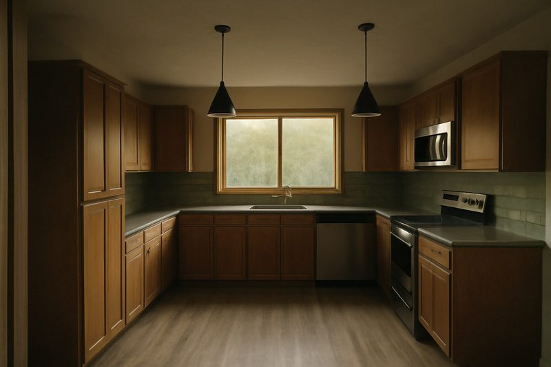 آشپزخانهٔ مدرن با کابینت چوبی در چیدمان یو شکل، سه ضلع دیوار پوشیده از کابینت