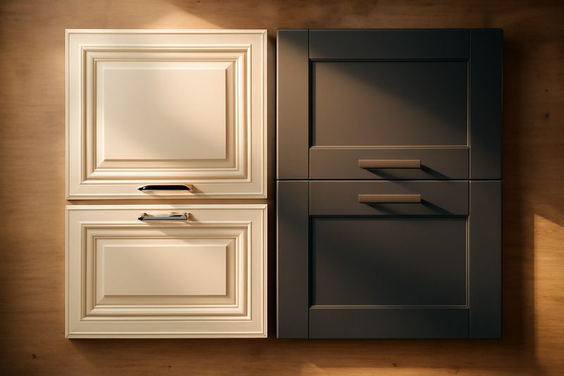 مقایسهٔ کابینت آشپزخانهٔ نئوکلاسیک کرمرنگ با قاب تزئینی در کنار کابینت مدرن تیره با خطوط صاف