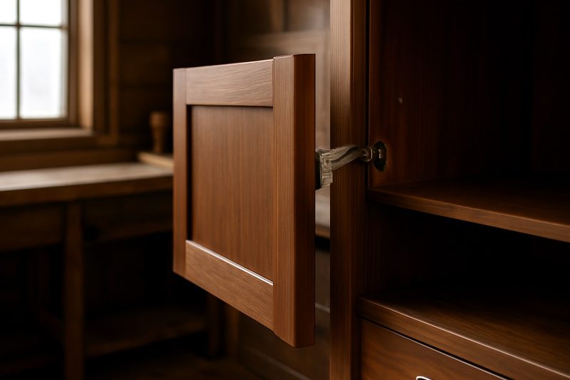 درب کابینت آشپزخانه چوبی در حال بستهشدن آرام با مکانیزم لولای نرمبستهشو