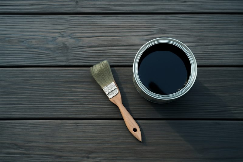 تختههای تراس ترمووود با قلممو و قوطی روغن چوب در نور آفتاب