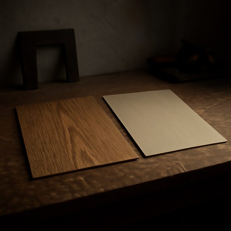 مقایسهٔ نزدیک دو نمونه پنل کابینت، یکی با روکش طبیعی چوب و دیگری با روکش مصنوعی پیویسی روی میز کارگاه