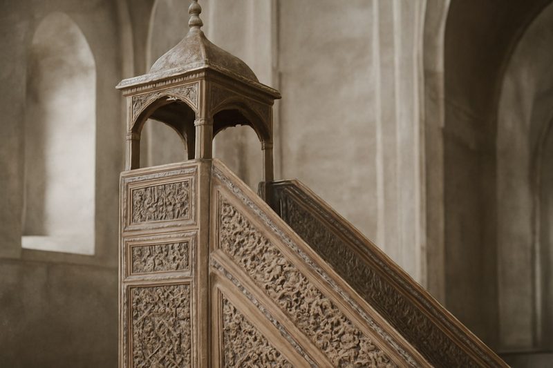 منبر چوبی منبتکاریشدهٔ قدیمی با نقوش هندسی در فضای داخلی یک بنای تاریخی